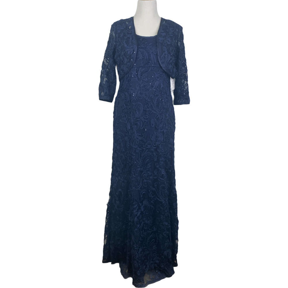 R&M Richards Navy Blue Lace Sequin Gown & Shrug Size 6